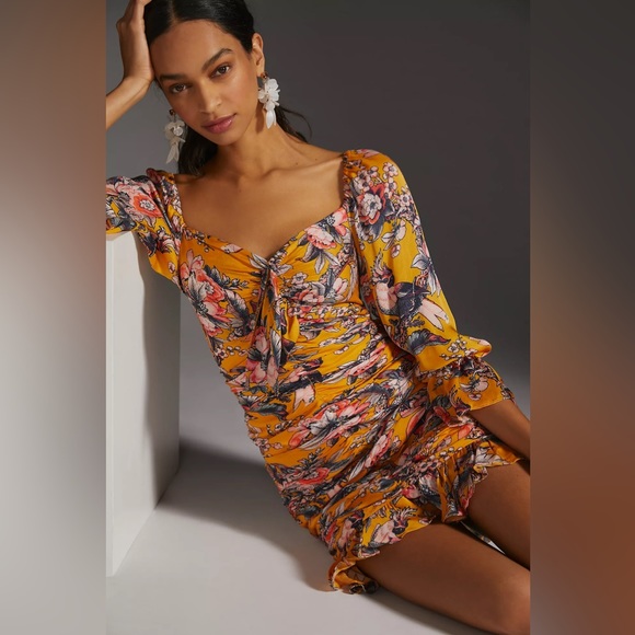 Anthropologie Floral Mini Dress - Mustard and Rose - Picture 3 of 16